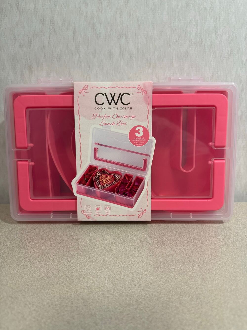 CWC Cook With Color Perfect On-The-Go Snack Box Pink 3 Compartment BPA-Free New